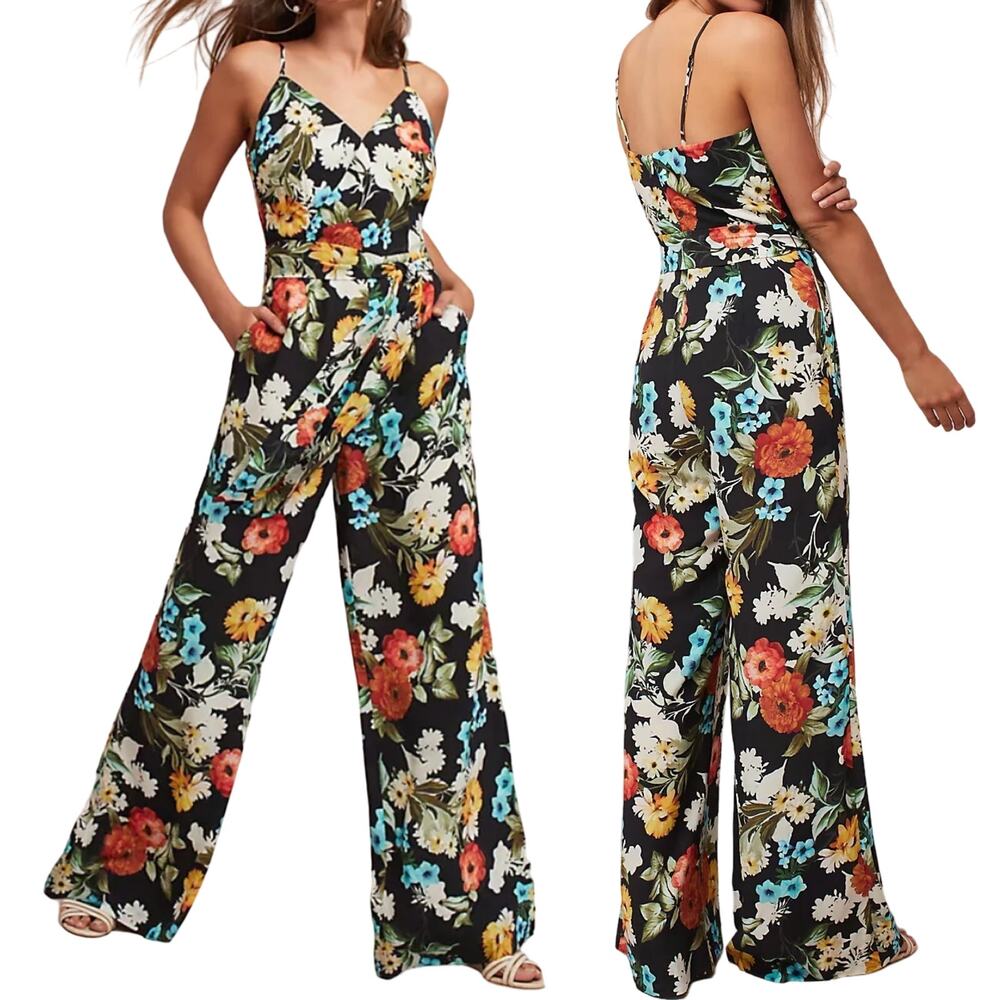 Anthropologie Yumi Kim Morning Glory Jumpsuit Floral Belted Faux Wrap Wide Leg L